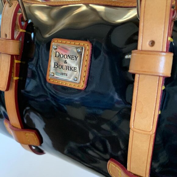 Dooney & Bourke black patent leather satchel with tan leather trim - Picture 5 of 8
